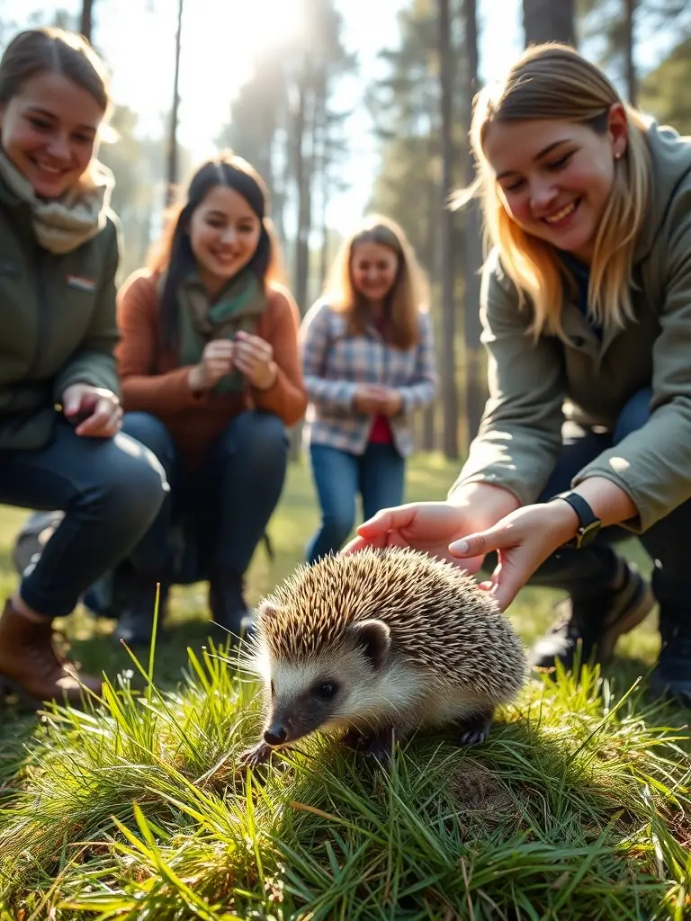 A heartwarming image of volunteers releasing a rehabilitated hedgehog back into its natural habitat, symbolizing the successful outcomes of the ATOUPIC ASSOCIATION's care efforts.