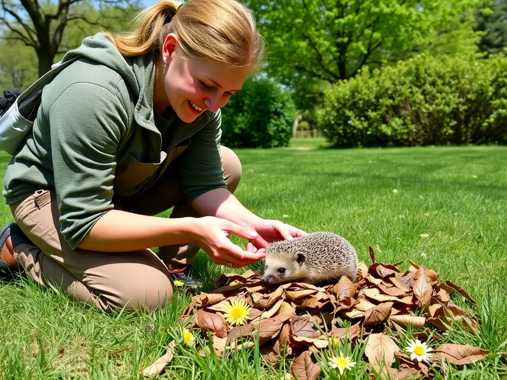 A volunteer releasing a rehabilitated hedgehog back into a safe, natural environment, symbolizing the ATOUPIC ASSOCIATION's commitment to conservation.