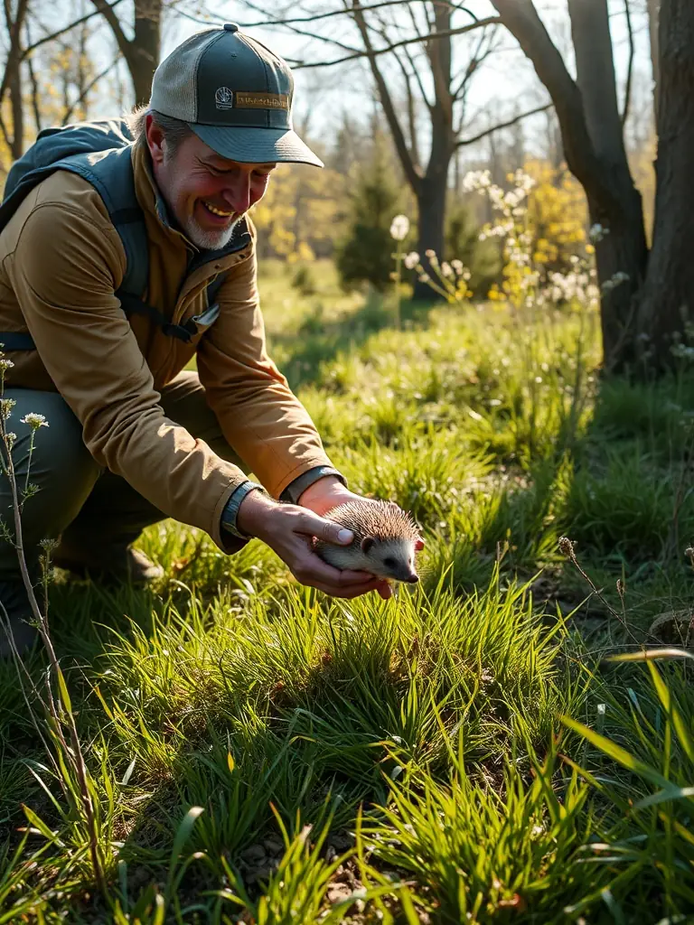 A volunteer releasing a rehabilitated hedgehog back into a safe, natural environment, symbolizing the ATOUPIC ASSOCIATION's commitment to wildlife preservation.