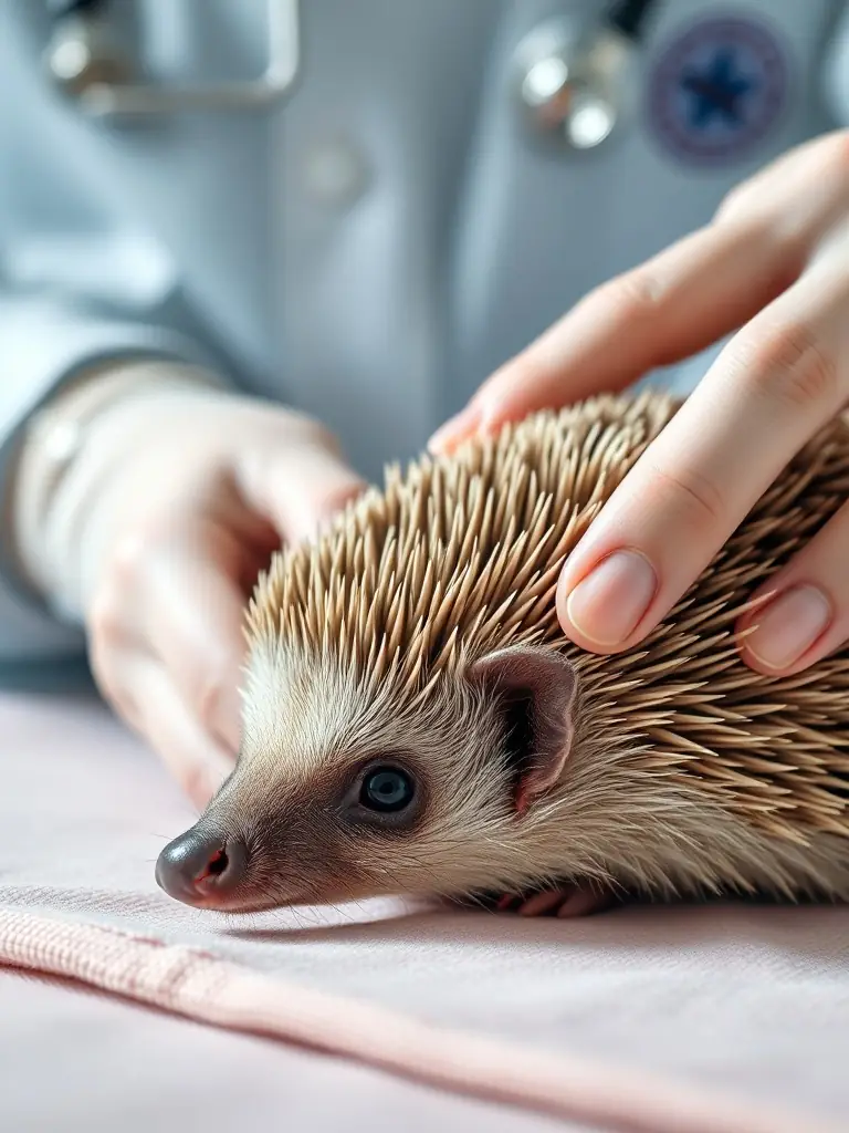 A detailed close-up shot of a hedgehog receiving medical attention at the ATOUPIC ASSOCIATION's specialized care center, highlighting the expert care provided.
