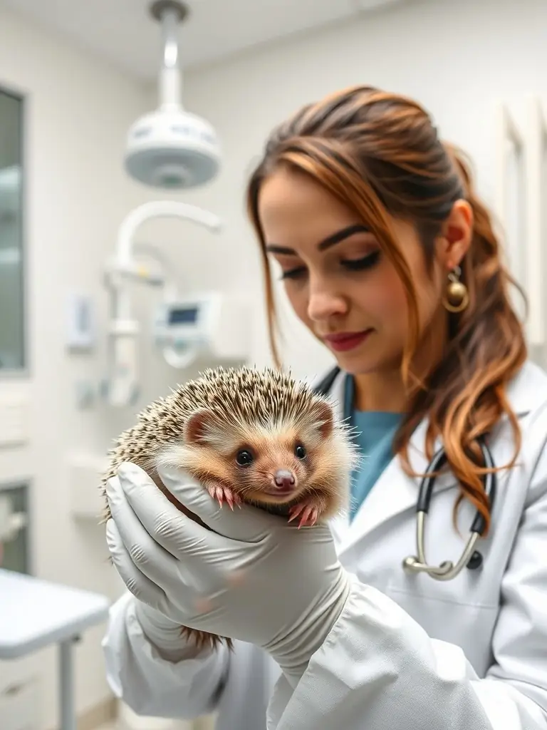 A photograph of a veterinarian carefully examining a European hedgehog at the ATOUPIC ASSOCIATION's care center, showcasing the medical attention provided to injured animals.