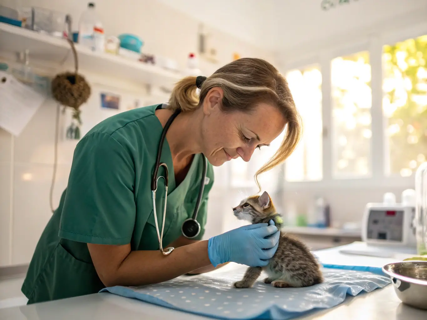 A photograph depicting a veterinarian carefully examining a rescued hedgehog at the ATOUPIC ASSOCIATION's care center. The image should convey a sense of compassion and expertise, highlighting the organization's dedication to animal welfare.