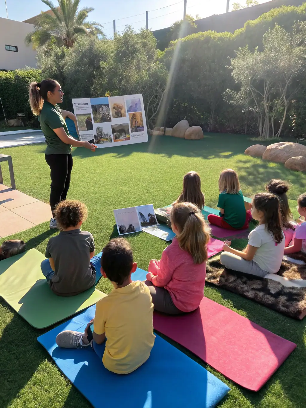 A group of children participating in an outdoor workshop about local wildlife conservation.